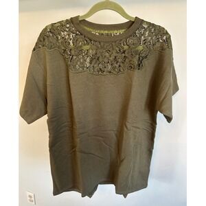 Womens Olive Green Lace‎ Detail Short Sleeve Crew Neck T-Shirt Size Medium